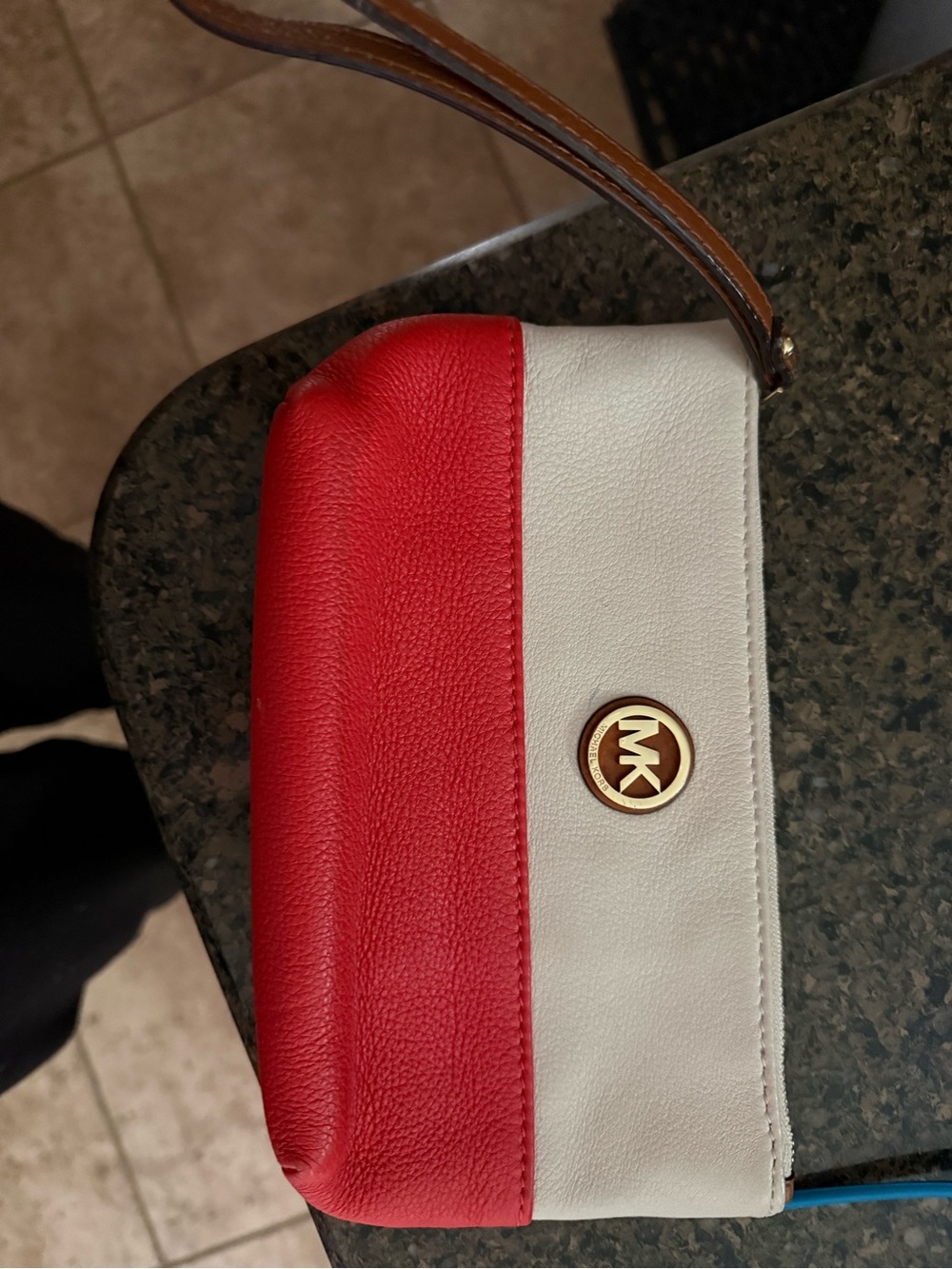 Michael Kors orange and White Leather Wristlet with Gold MK Logo